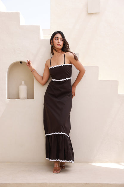 Zic-Zac Contrast Lace Dark Black A-Line Maxi dress