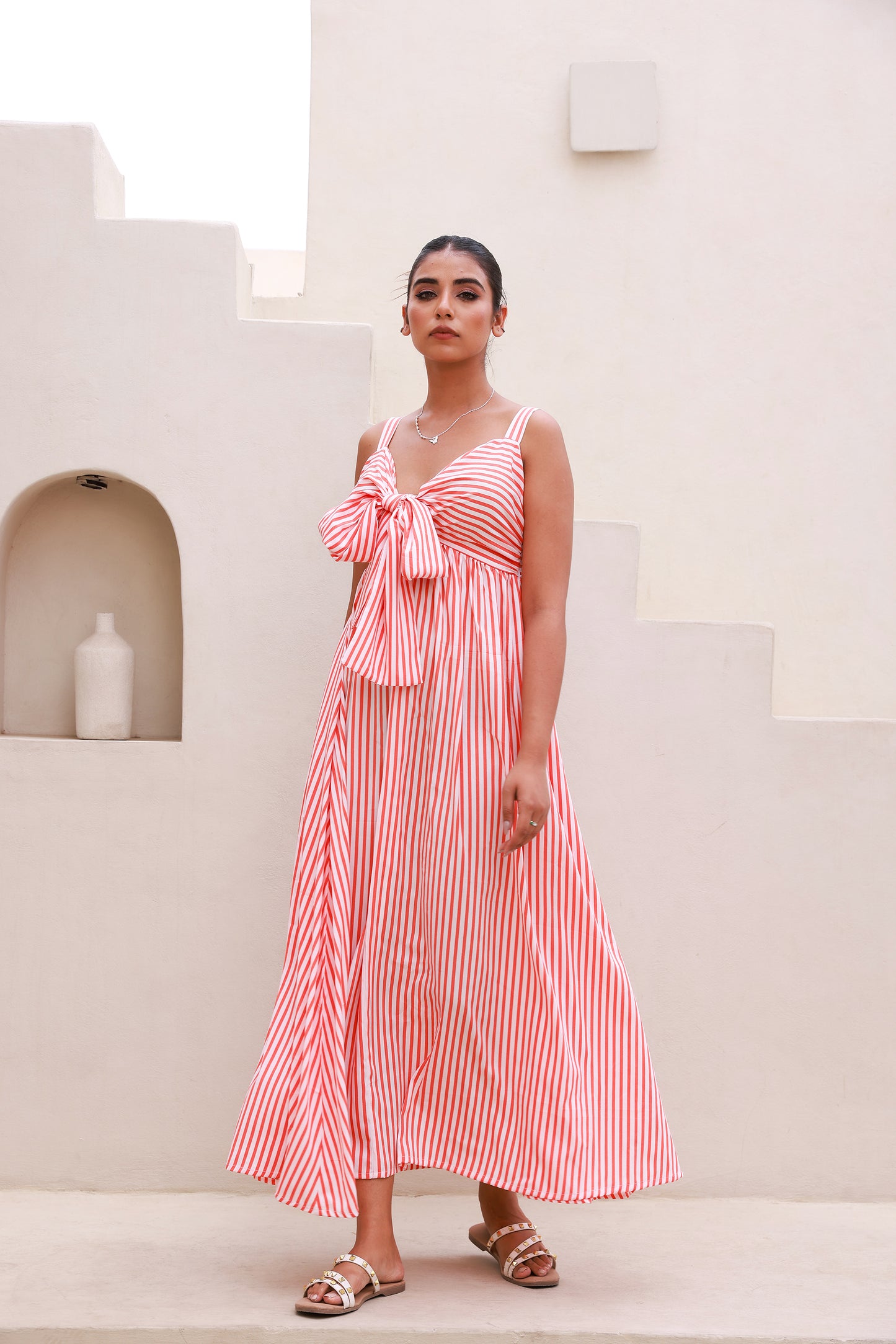 Orange Stripped Bust Tie-Knot Strappy Maxi Dress