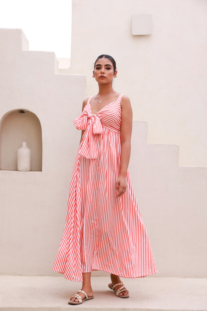 Orange Stripped Bust Tie-Knot Strappy Maxi Dress