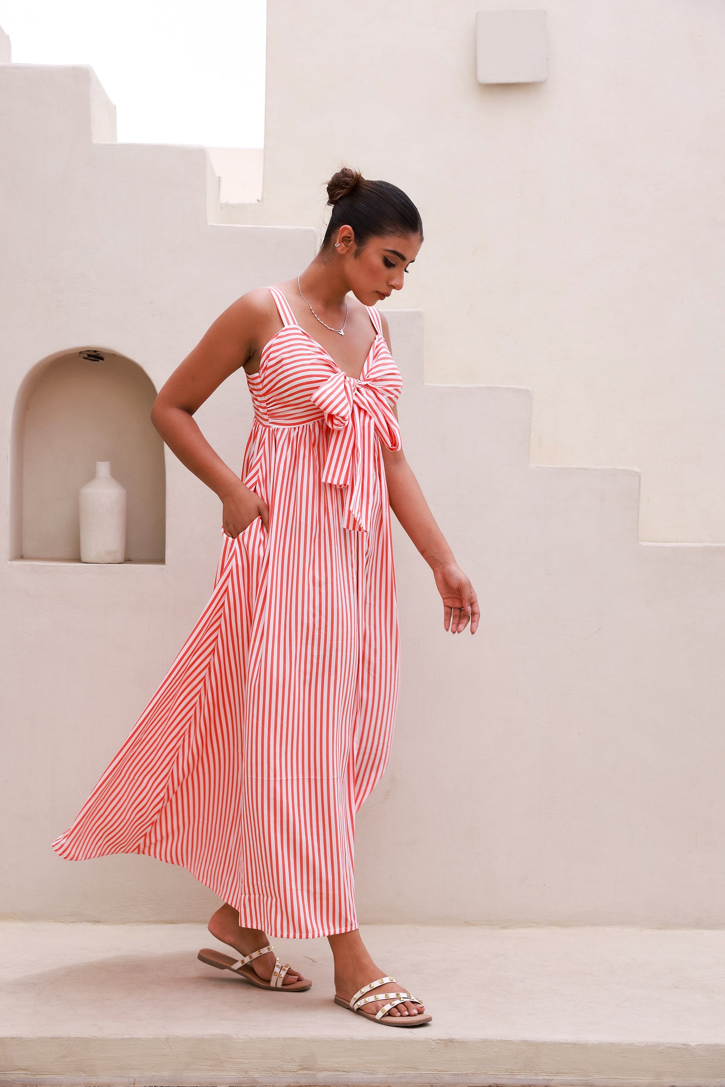 Orange Stripped Bust Tie-Knot Strappy Maxi Dress