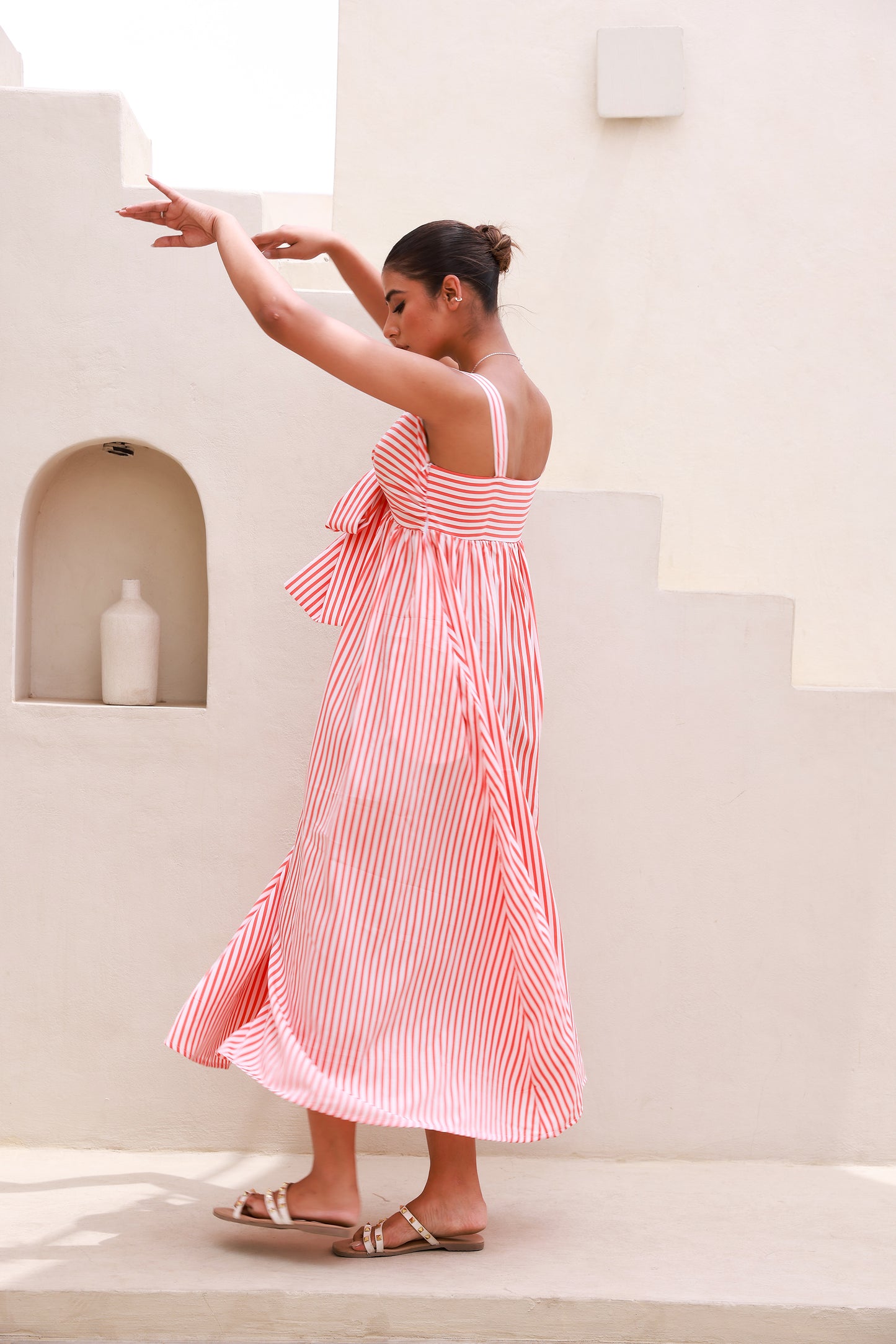 Orange Stripped Bust Tie-Knot Strappy Maxi Dress
