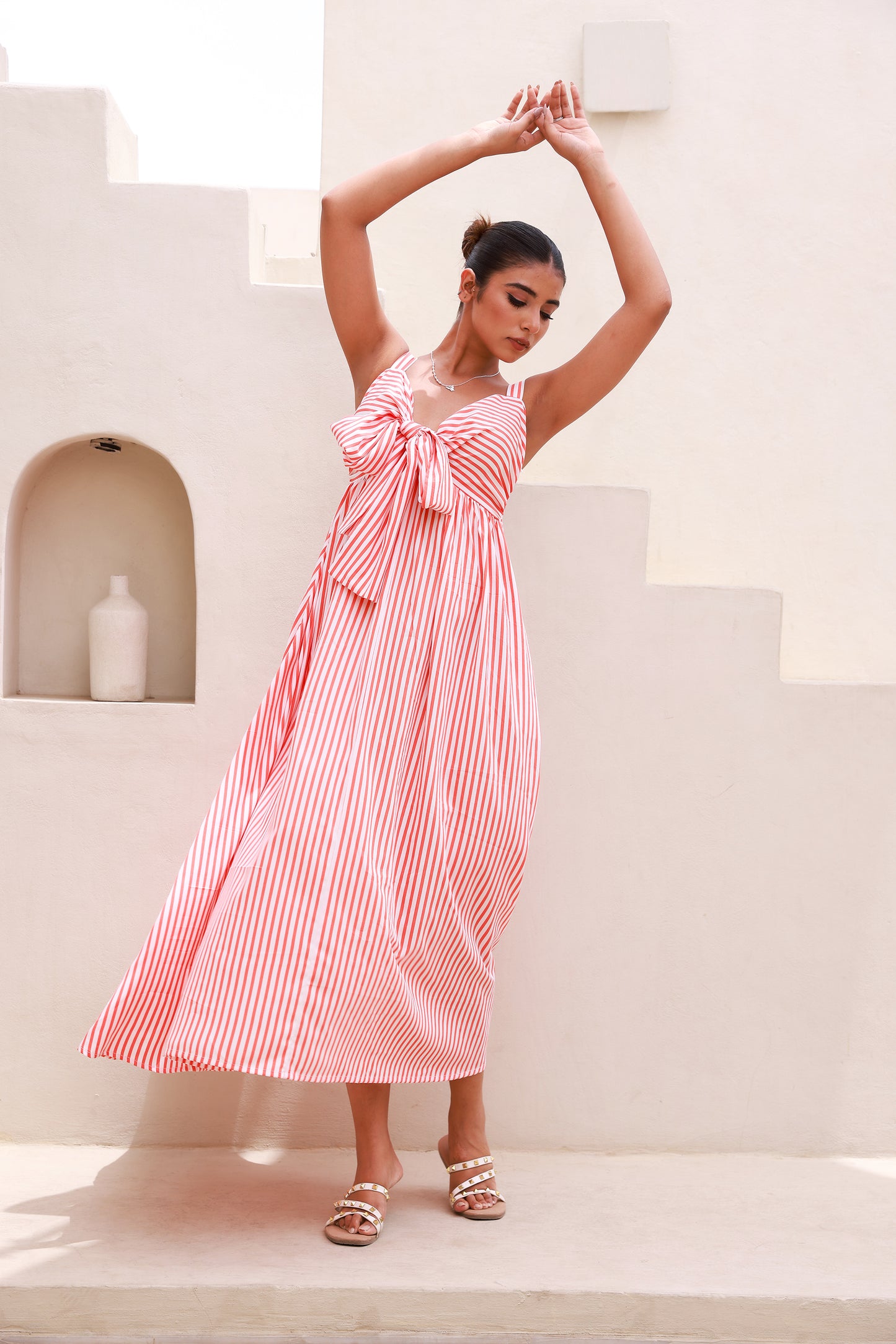 Orange Stripped Bust Tie-Knot Strappy Maxi Dress