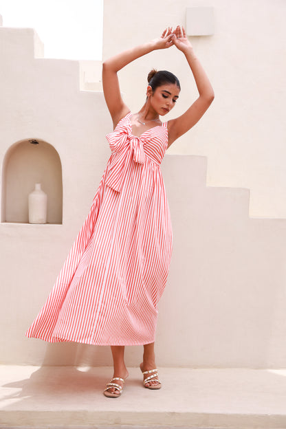 Orange Stripped Bust Tie-Knot Strappy Maxi Dress