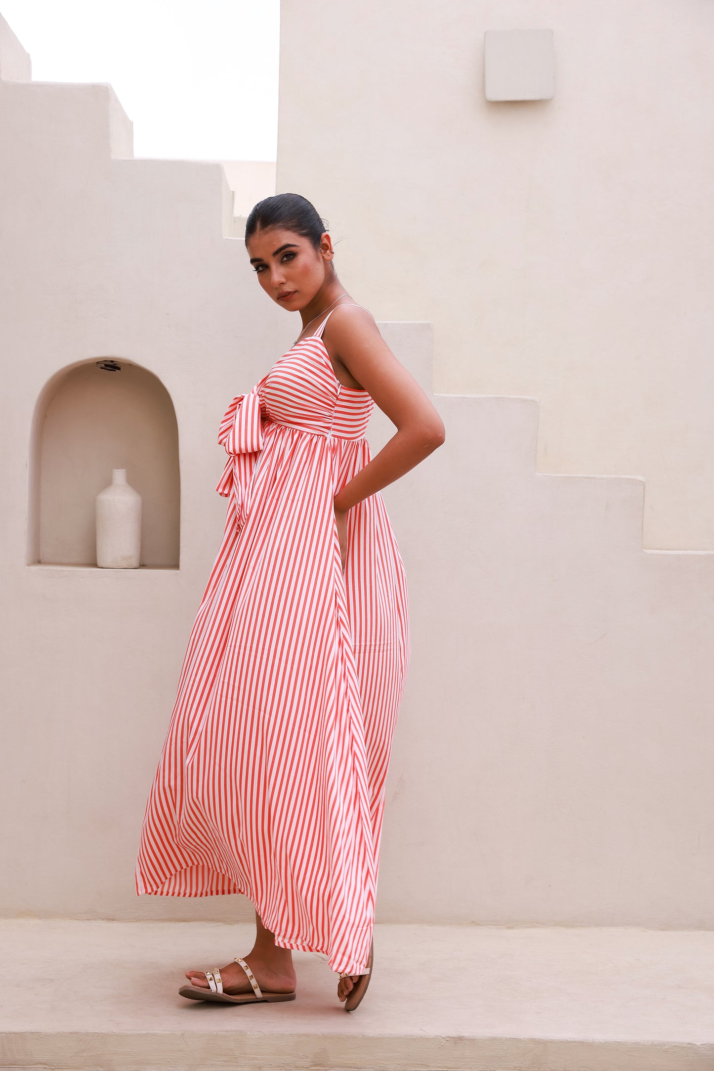 Orange Stripped Bust Tie-Knot Strappy Maxi Dress