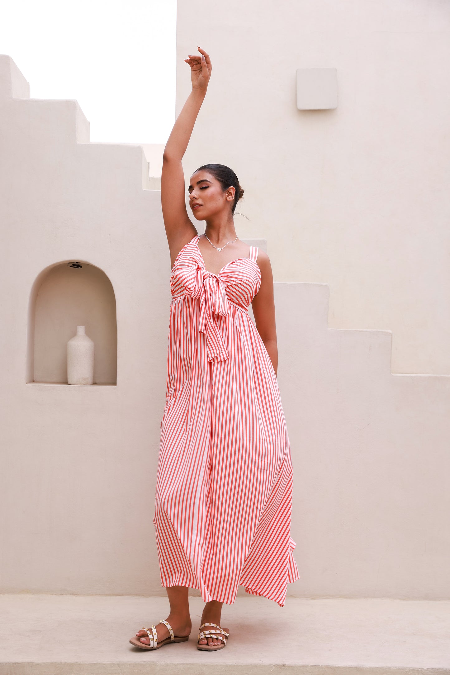 Orange Stripped Bust Tie-Knot Strappy Maxi Dress