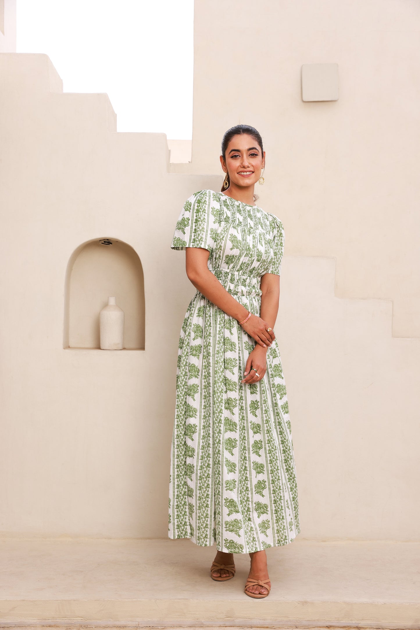 Half Sleeve Maxi Dress with Green Striped Printed Smocking Bodice