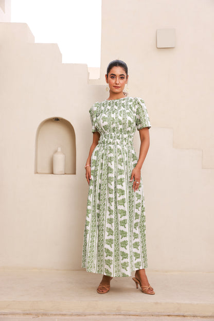 Half Sleeve Maxi Dress with Green Striped Printed Smocking Bodice