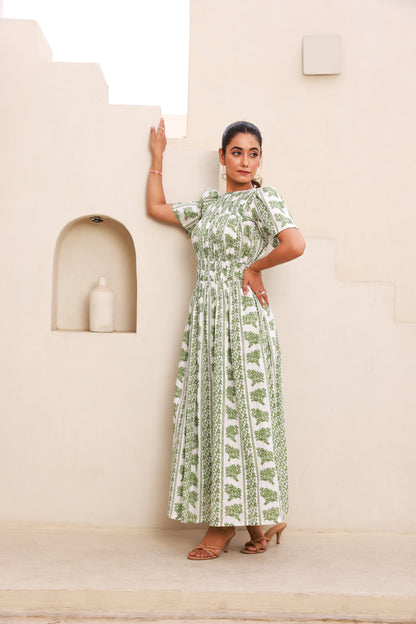 Half Sleeve Maxi Dress with Green Striped Printed Smocking Bodice