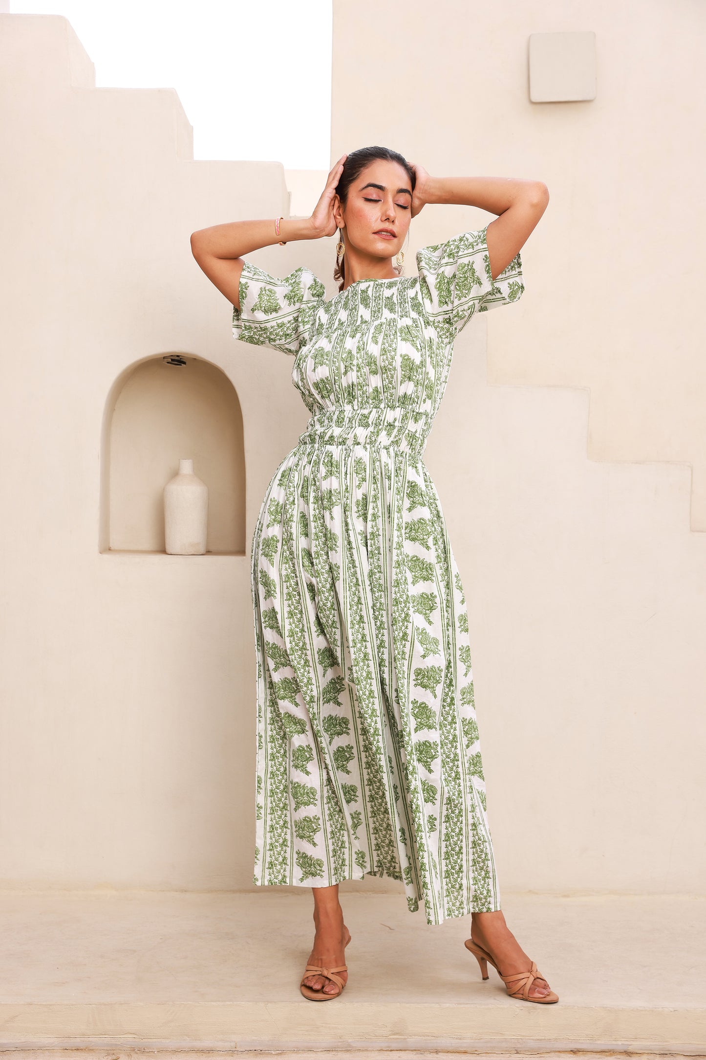 Half Sleeve Maxi Dress with Green Striped Printed Smocking Bodice