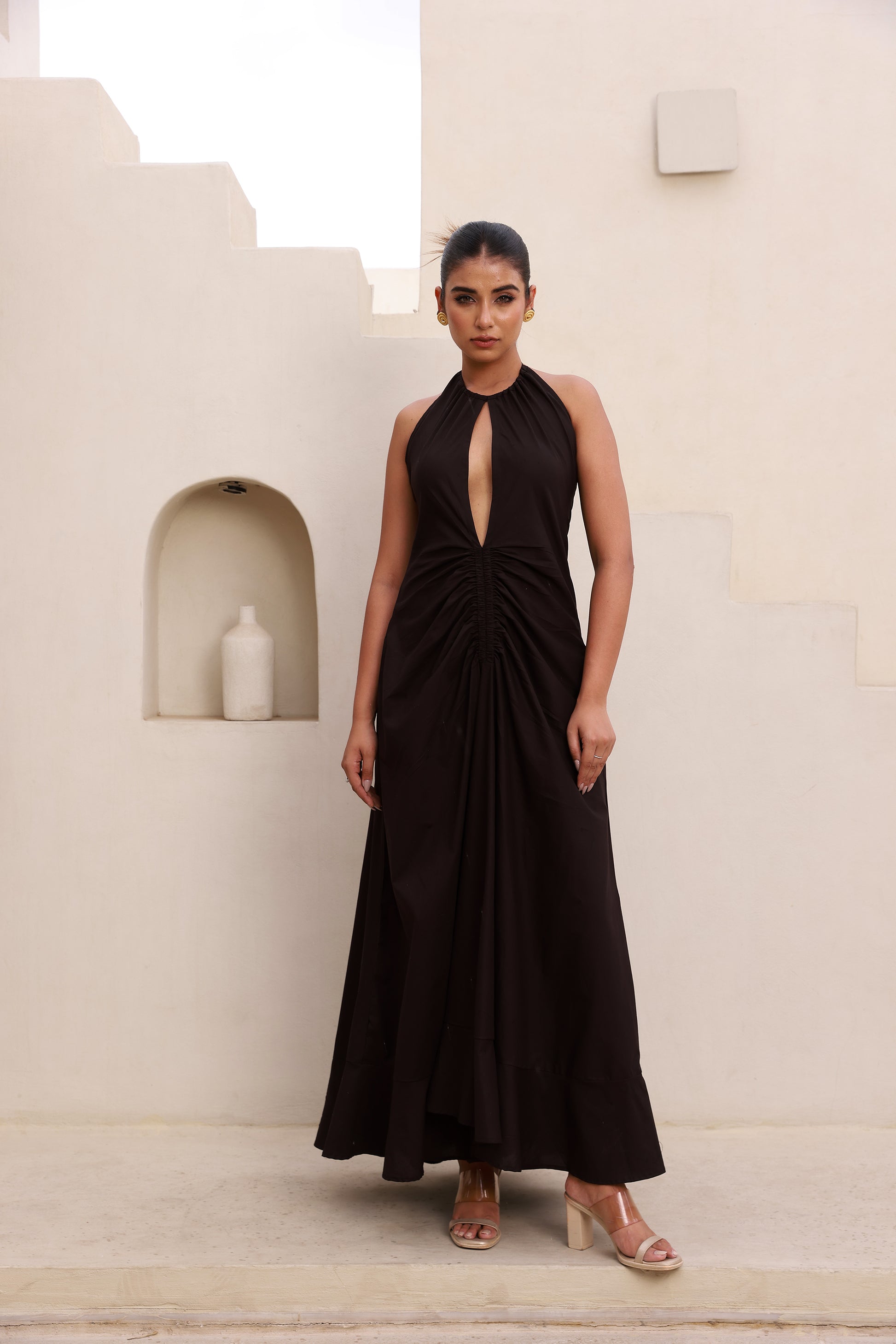 Deep V-Neck Cut Mid Runch Maxi Dress – Moonstruck - Main Image