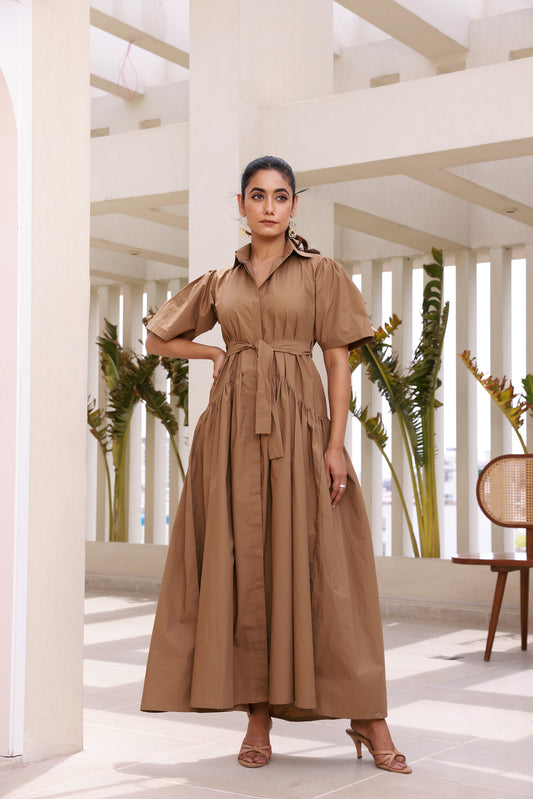 Dark Beige Poplin Maxi Dress with Half Sleeve Design