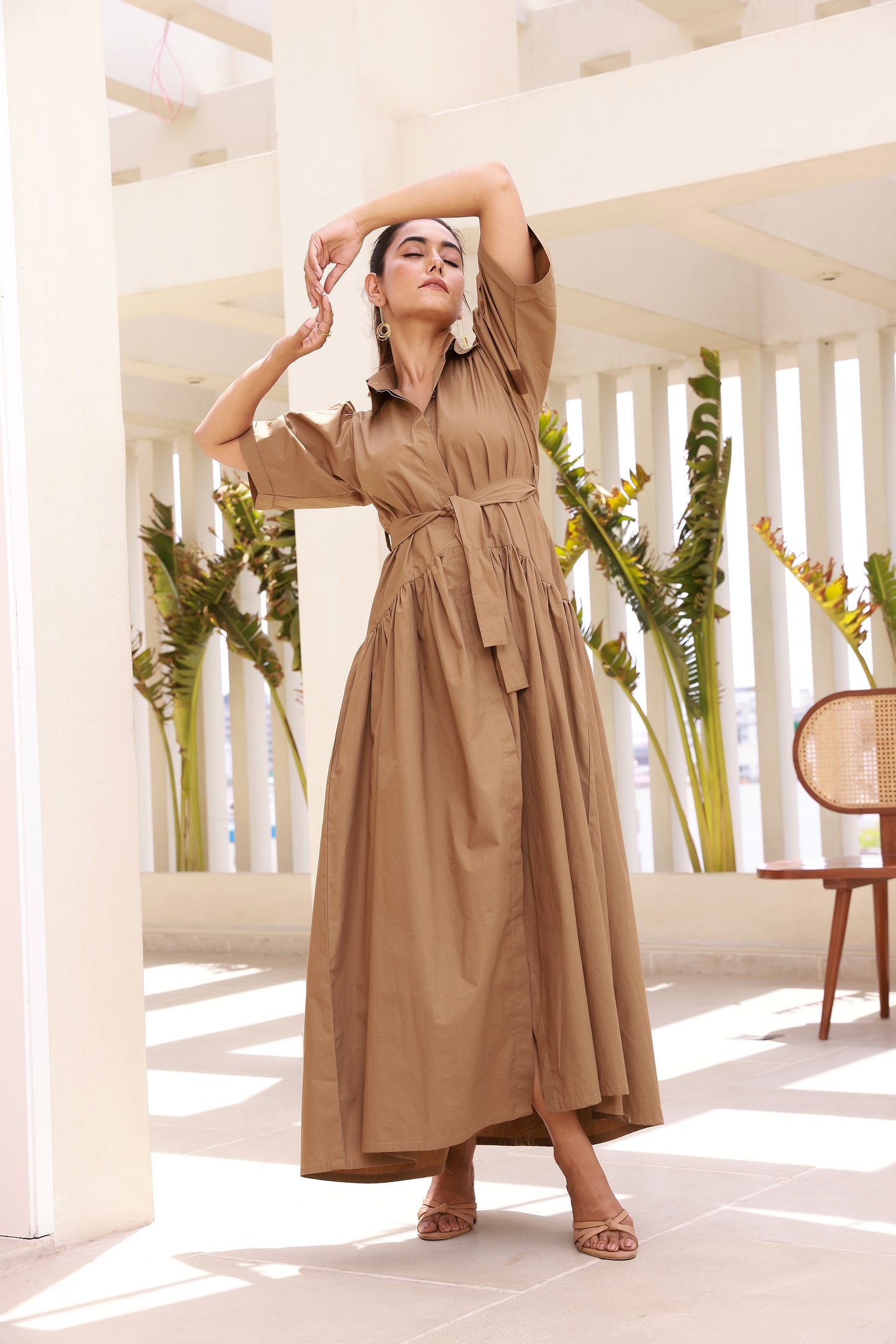 Dark Beige Poplin Maxi Dress with Half Sleeve Design