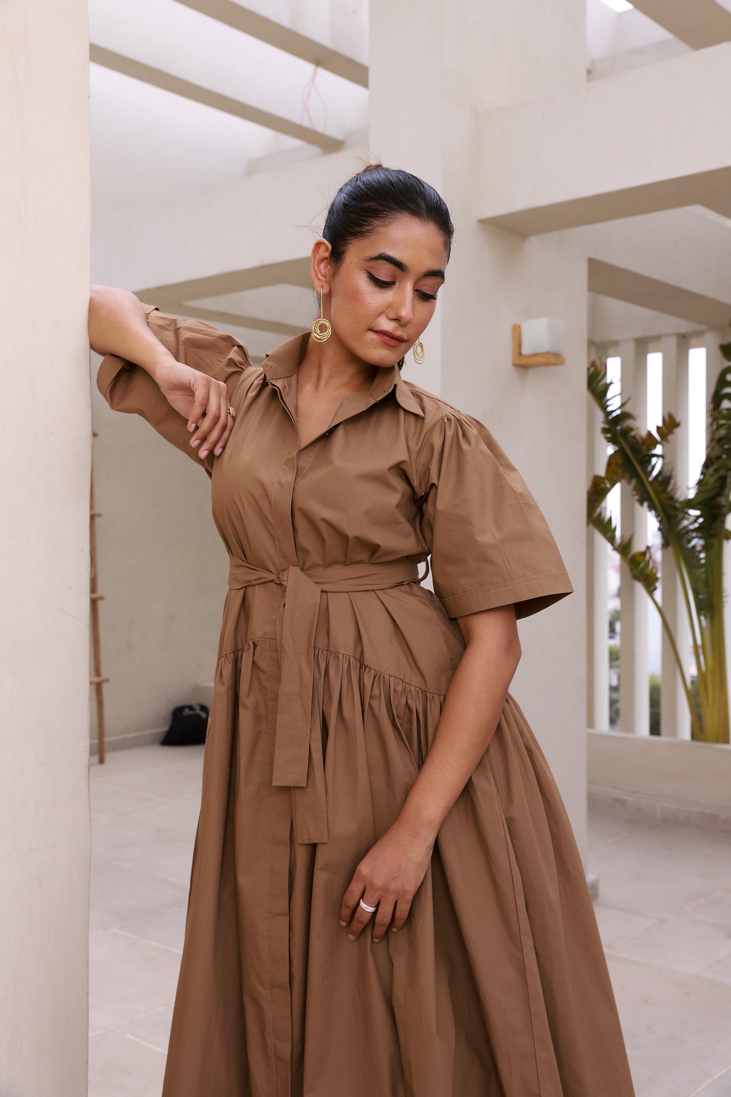 Dark Beige Poplin Maxi Dress with Half Sleeve Design