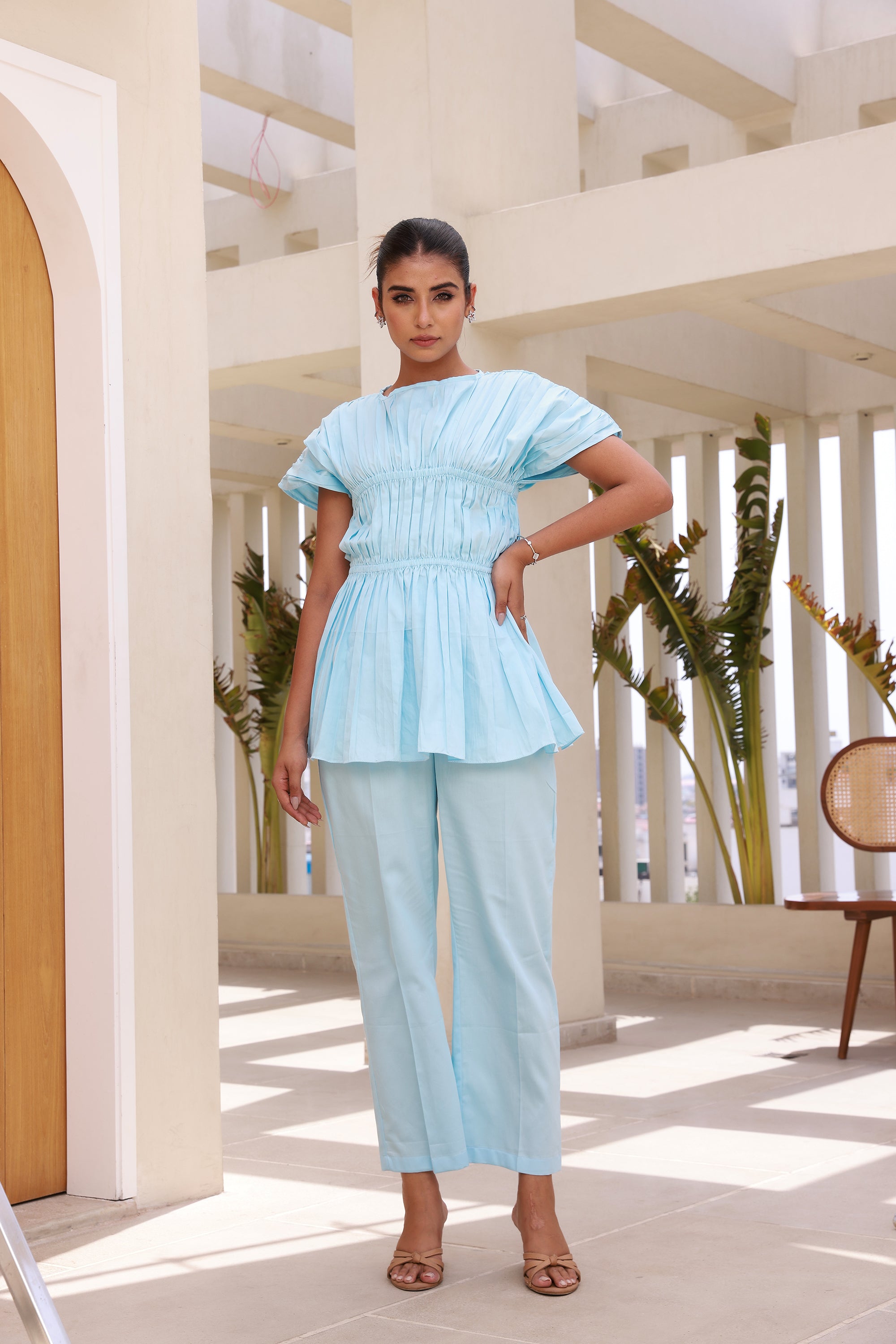 Peplum Top and Pants Set with Powder Blue Two-Layer Elastic Design –  Moonstruck