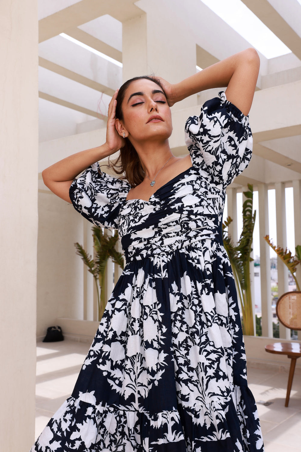 Frill and Flared Short Dress in Black & White Floral Print – Moonstruck
