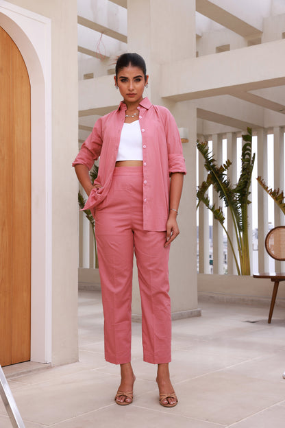 Onion Pink Basic Shirt and Straight Fit Pants Co-Ord Set