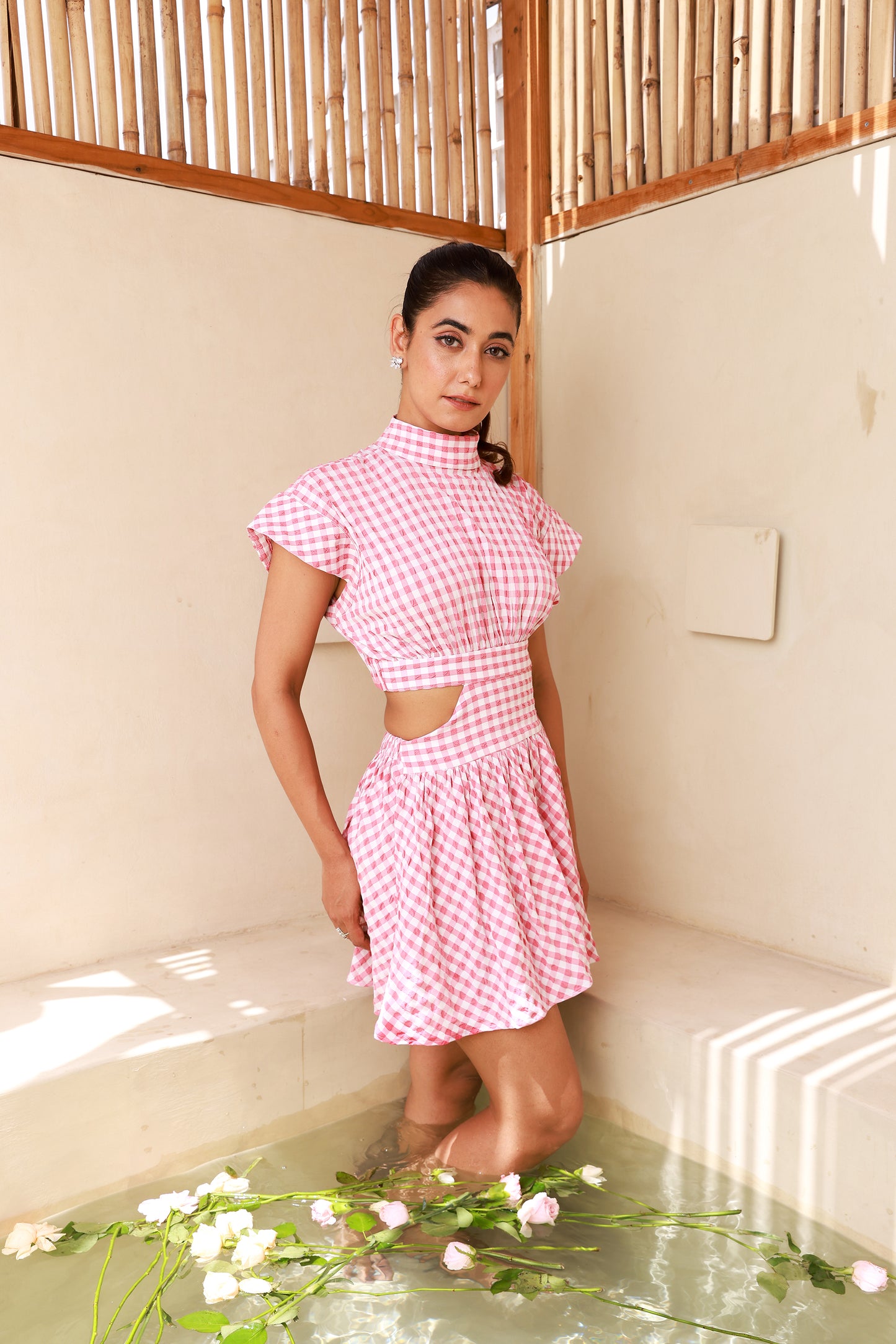 Short Flared Dress with Pink Checkerred Side Waist Cut