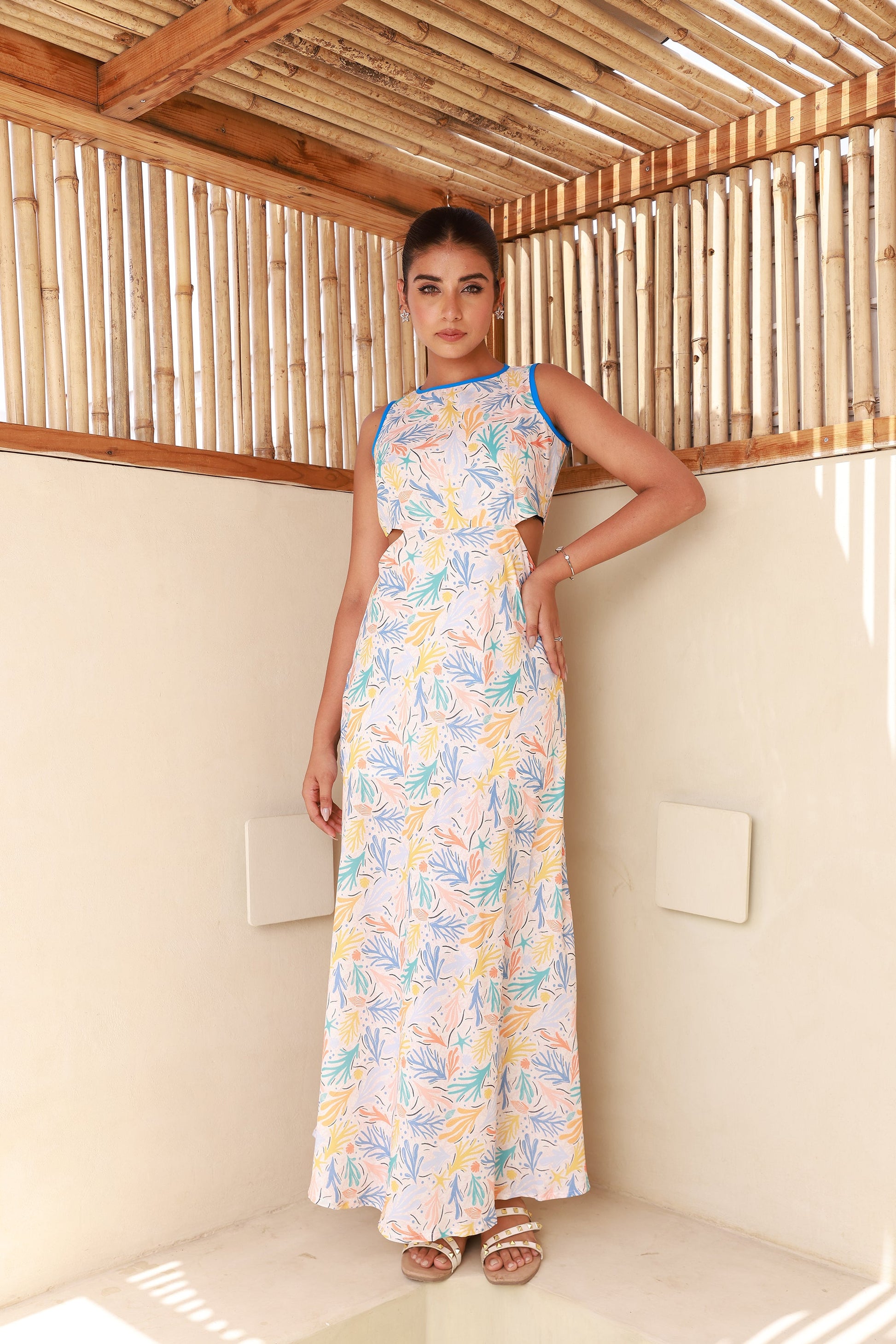 straight cut long dress Floor Length Long Dress Straight Cut 3-D Flower Sheer Bodice Cut-out Back Mesh A-
