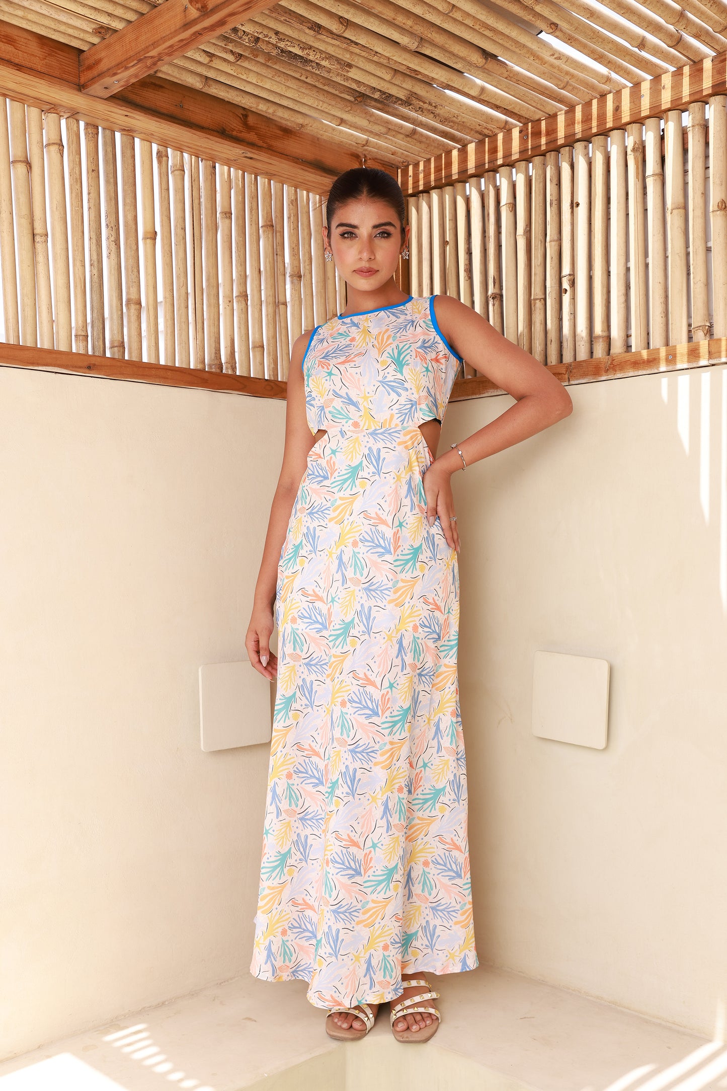 Printed Sleeveless Straight Maxi Dress with Side Waist Cut-Out