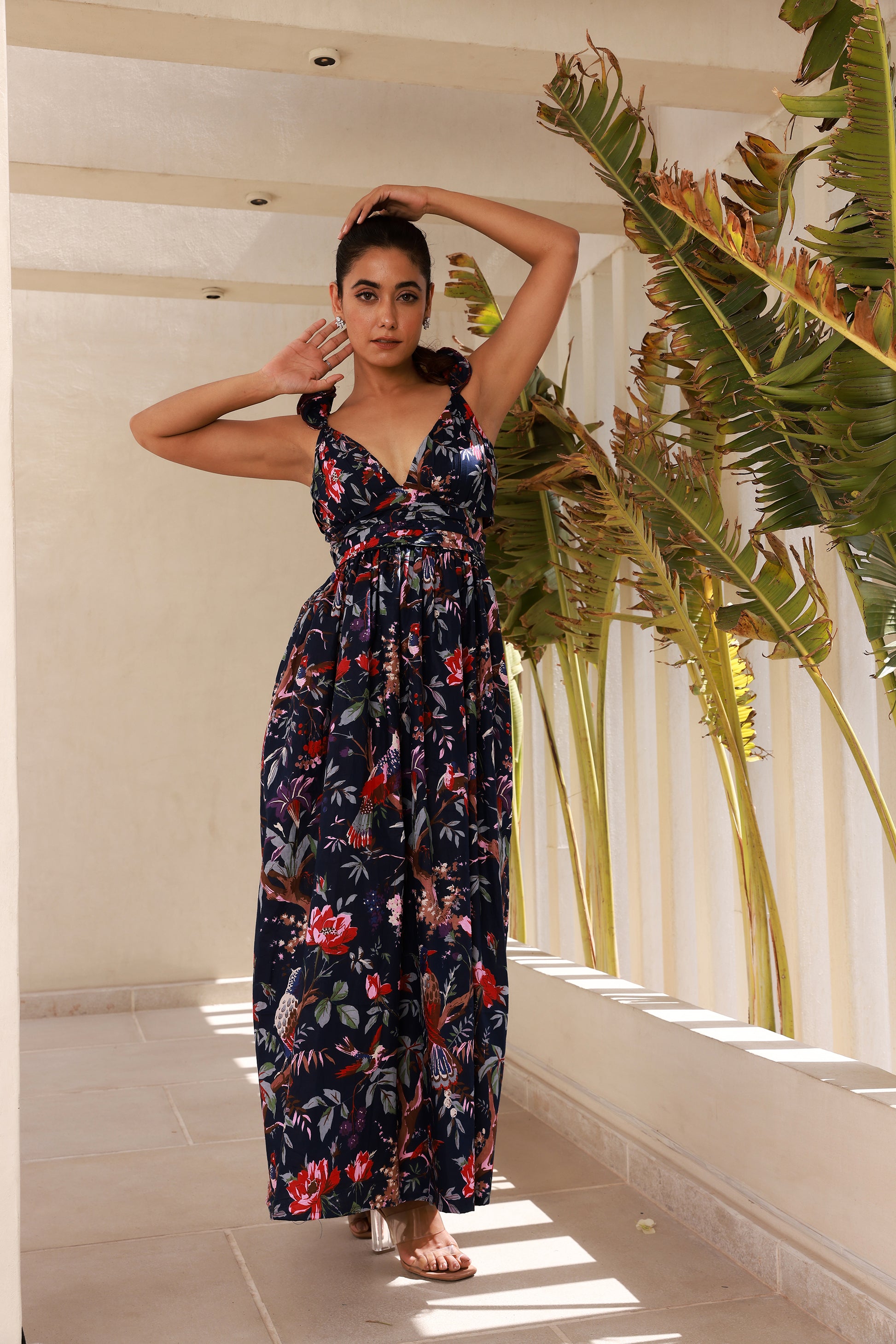 Criss-Cross Maxi Dress with Dark Blue Print and Black Strappy Details Moonstruck Criss-Cross Maxi Dress with Dark Blue Print and Black Strappy Details Moonstruck