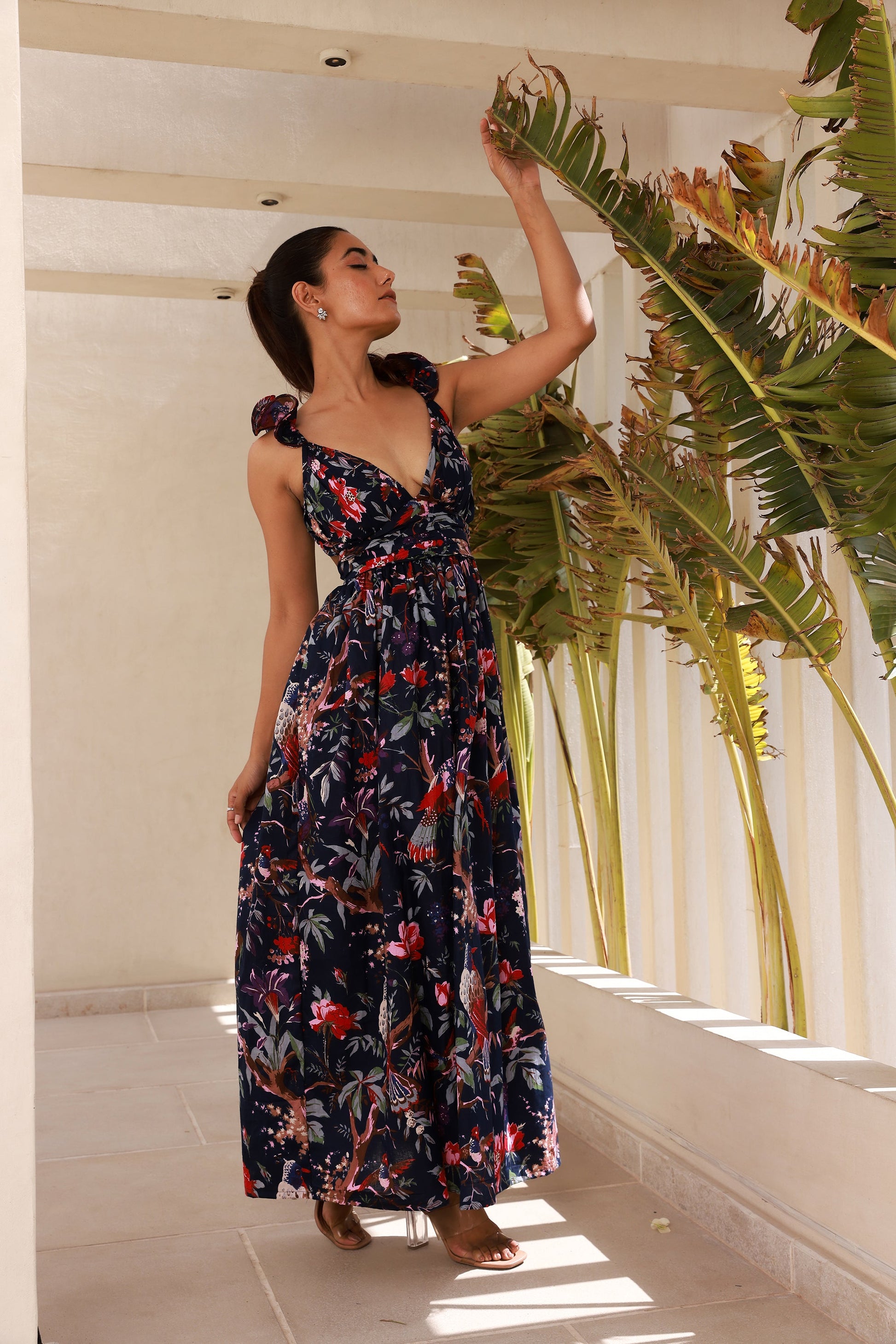 Criss-Cross Maxi Dress with Dark Blue Print and Black Strappy Details – Moonstruck