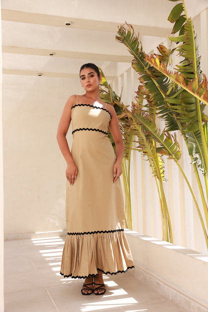 Beige A-Line Maxi Dress with Zic-Zac Contrast Lace