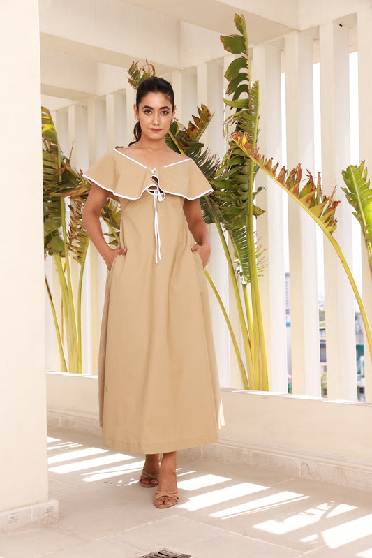 Off Shoulder Beige Maxi with Ruffle Sleeve & Flared Hem