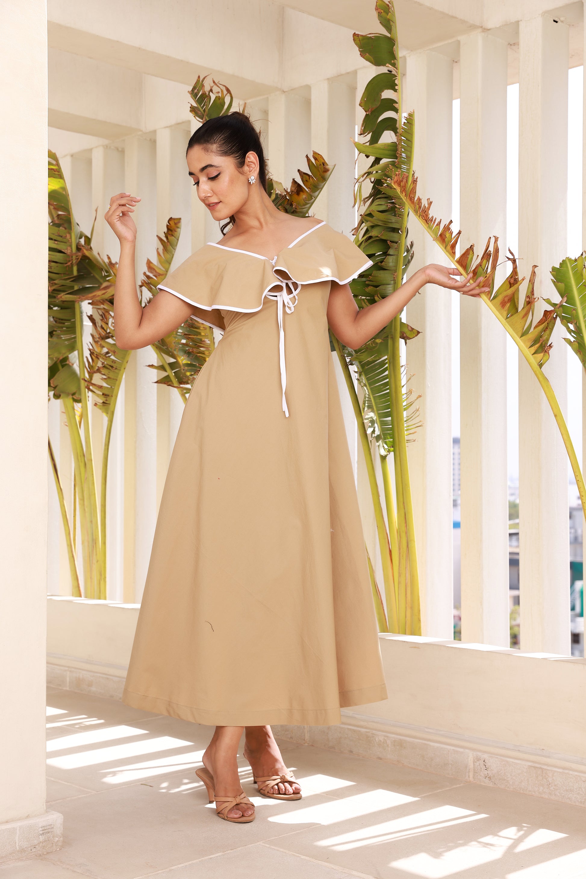 Off Shoulder Beige Maxi with Ruffle Sleeve & Flared Hem Moonstruck Off Shoulder Beige Maxi with Ruffle Sleeve & Flared Hem Moonstruck