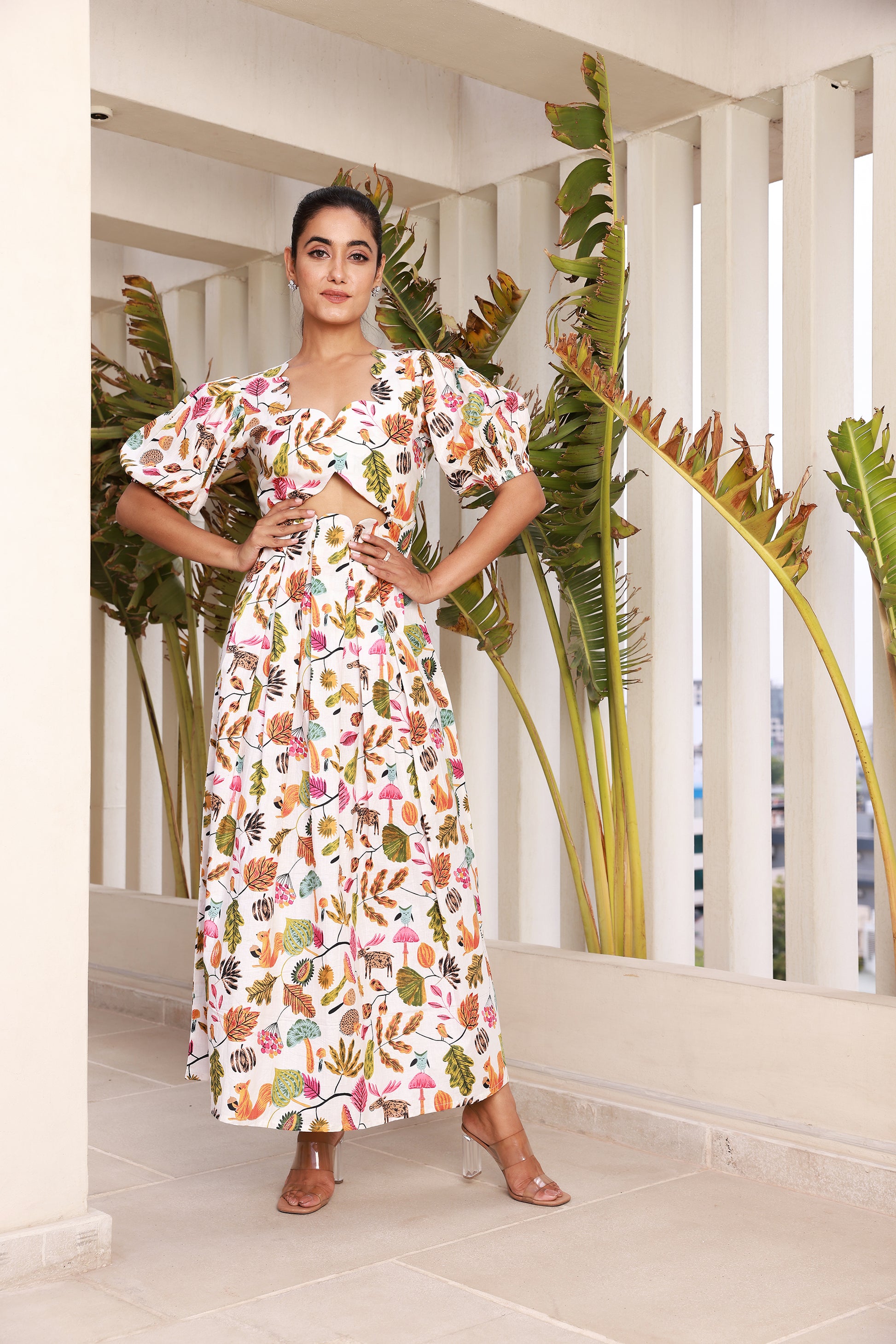 Mid-Waist Cut Maxi Dress with Multi-Color Floral Print