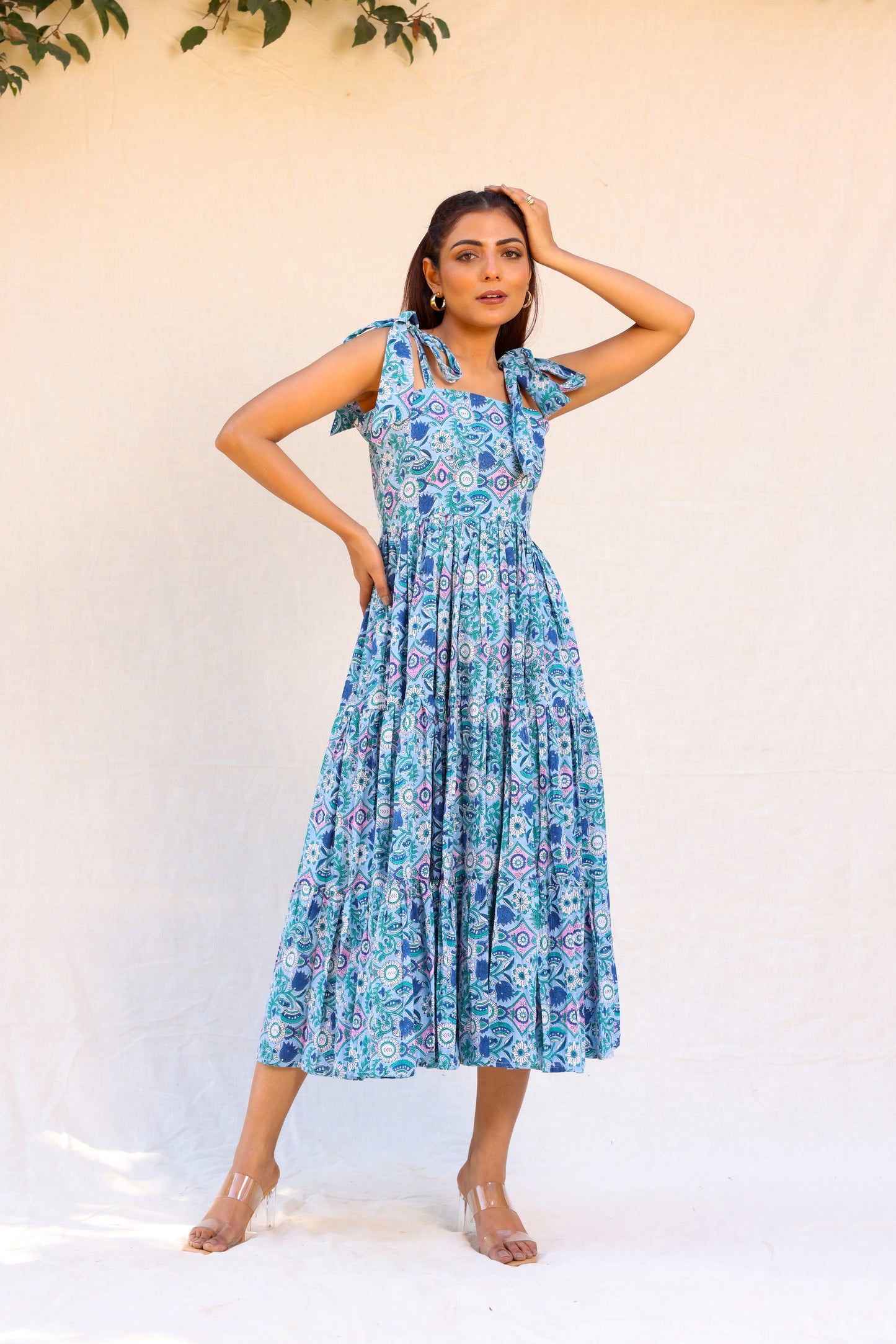 Blue Paisley Tie-Shoulder Midi Dress