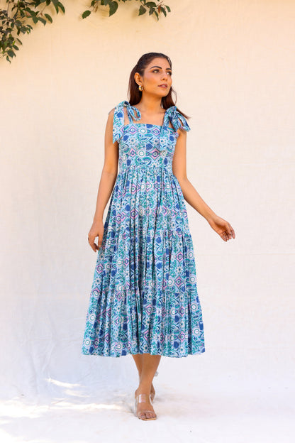 Blue Paisley Tie-Shoulder Midi Dress
