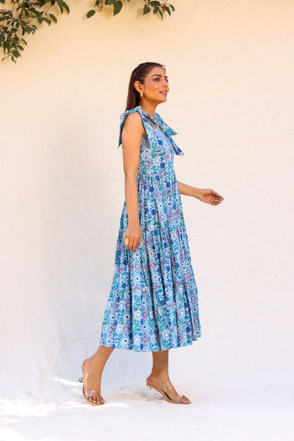 Blue Paisley Tie-Shoulder Midi Dress