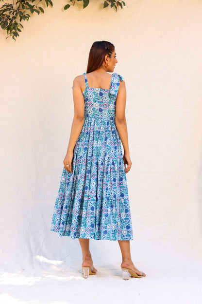 Blue Paisley Tie-Shoulder Midi Dress