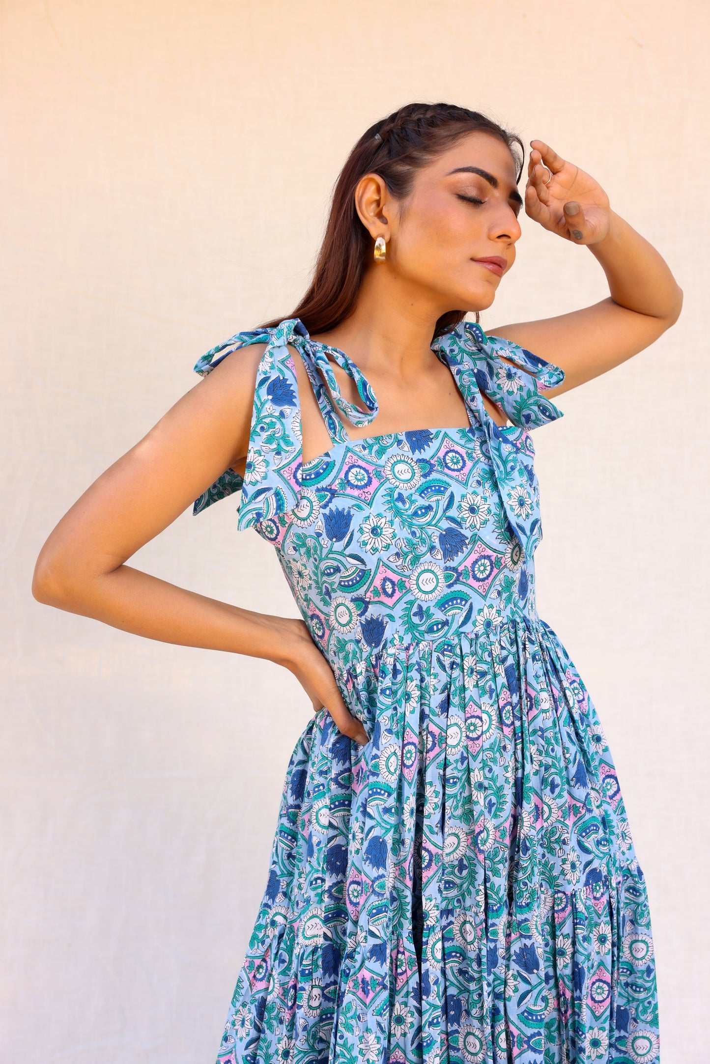 Blue Paisley Tie-Shoulder Midi Dress