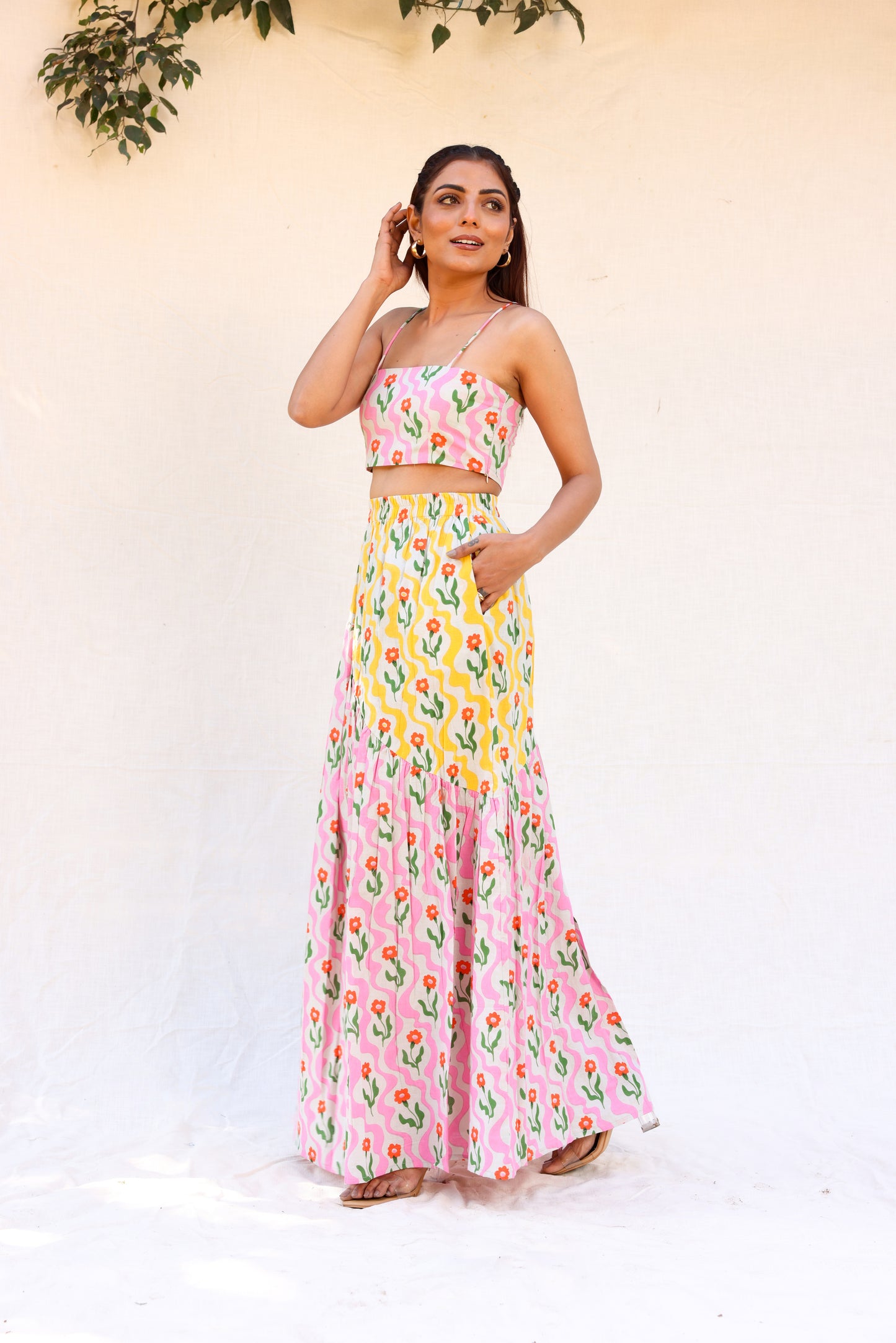 Strappy crop top with gathered skirt co-ord set