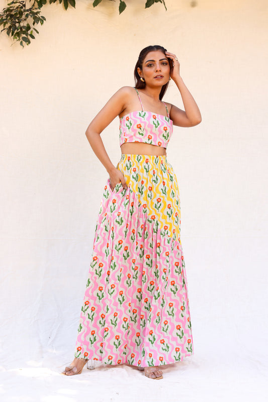 Strappy crop top with gathered skirt co-ord set
