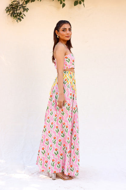 Strappy crop top with gathered skirt co-ord set