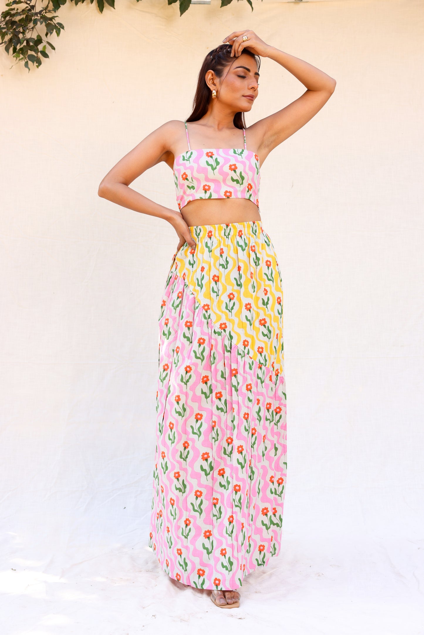 Strappy crop top with gathered skirt co-ord set