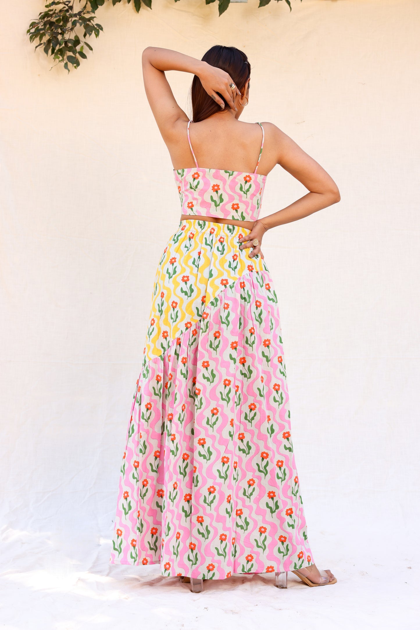 Strappy crop top with gathered skirt co-ord set