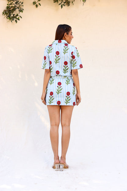 Red flower on blue stripes divider skirt with half sleeve shirt set