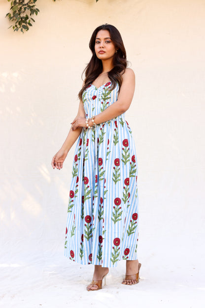 Red flower on blue stripes strappy maxi dress