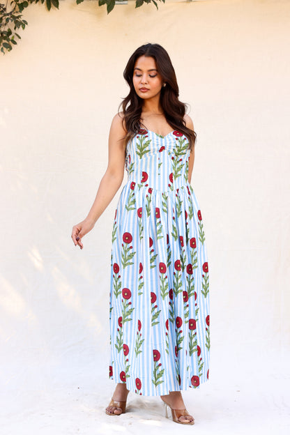 Red flower on blue stripes strappy maxi dress