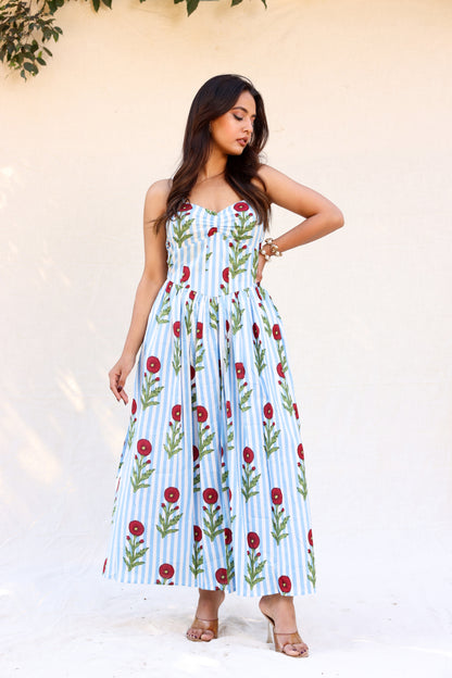Red flower on blue stripes strappy maxi dress