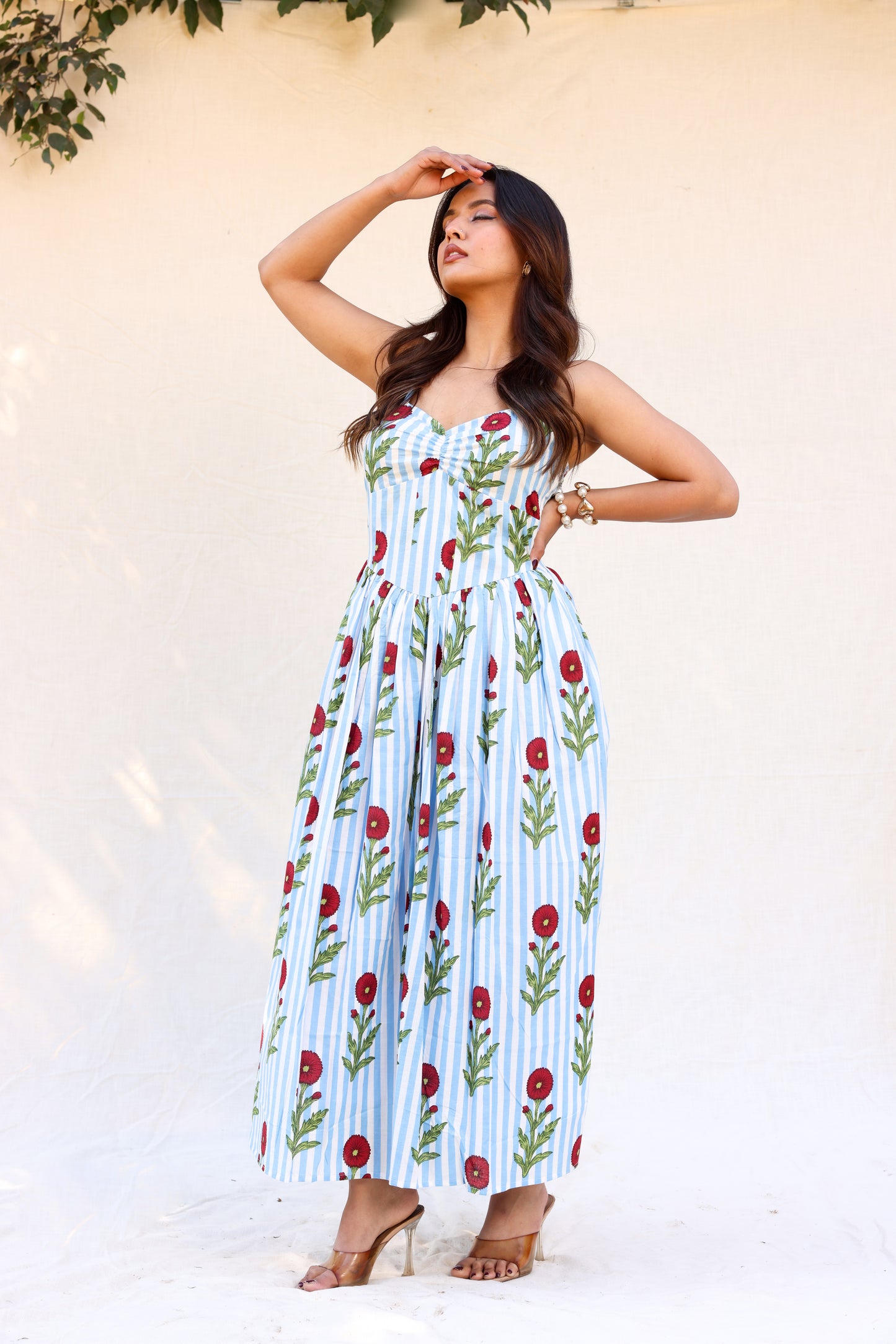 Red flower on blue stripes strappy maxi dress