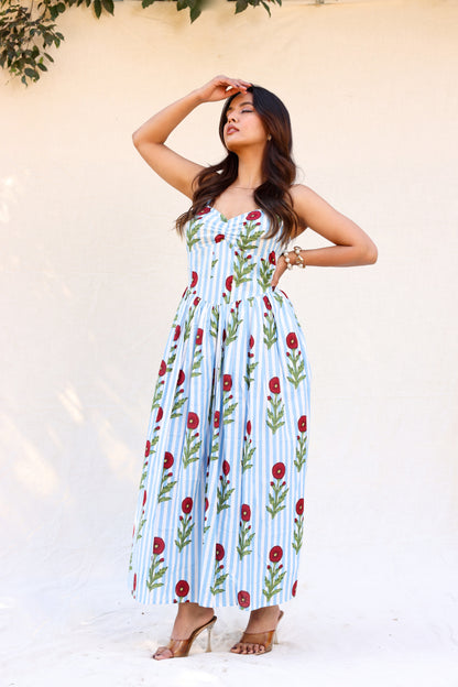 Red flower on blue stripes strappy maxi dress