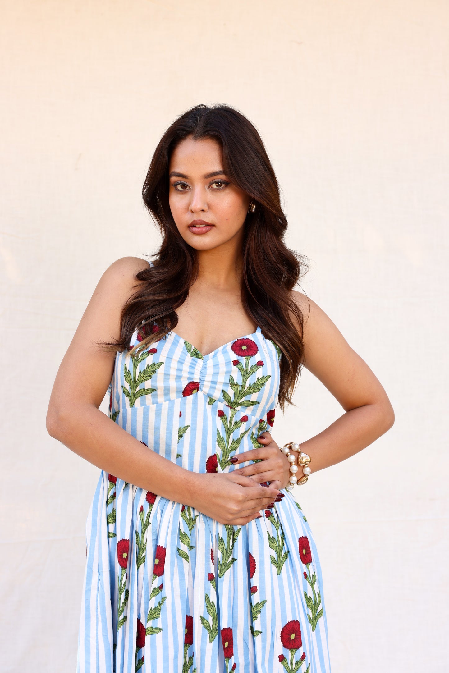 Red flower on blue stripes strappy maxi dress