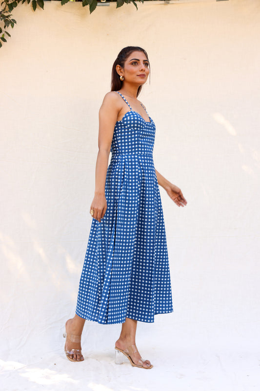 Blue checkerred strappy maxi dress
