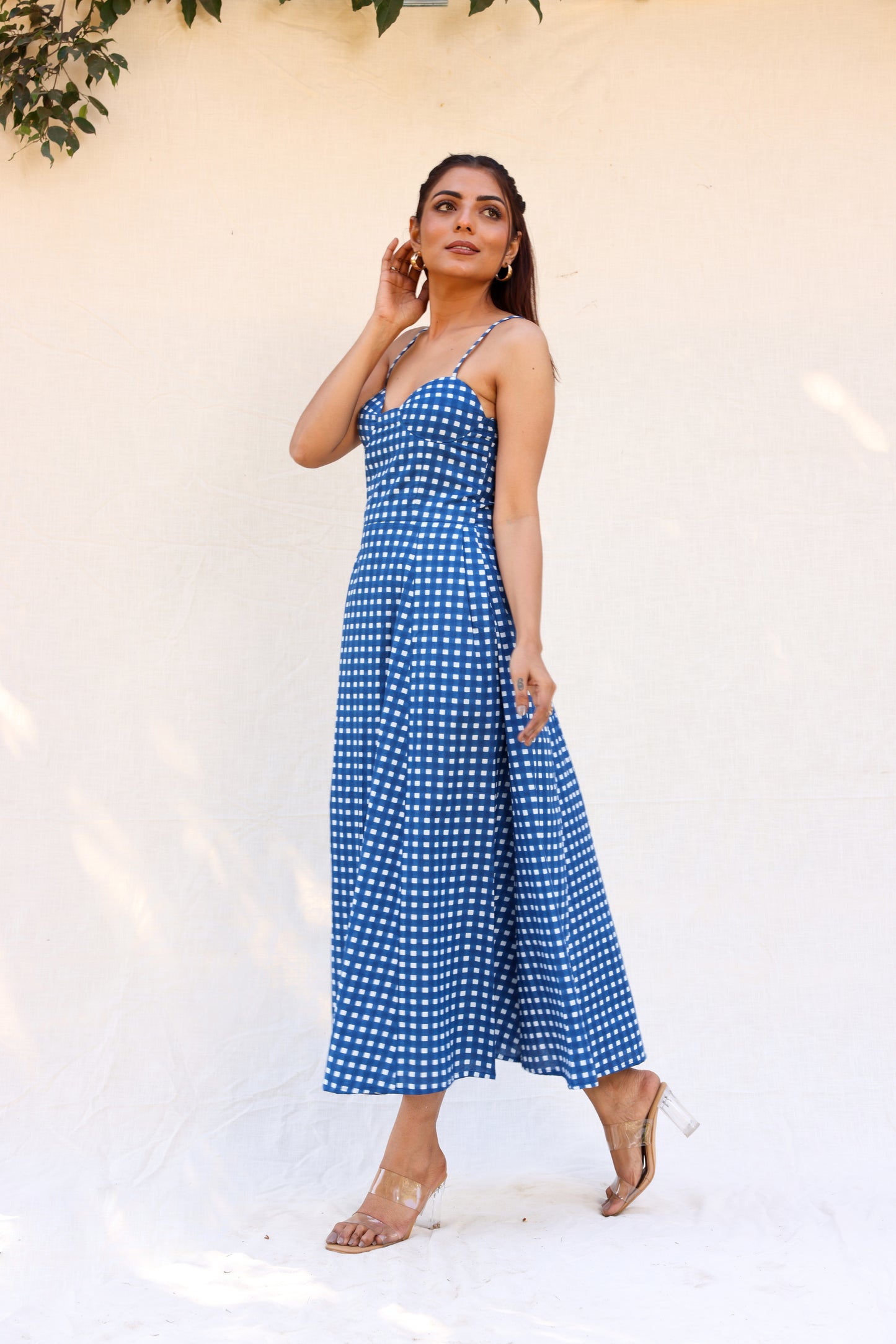 Blue checkerred strappy maxi dress