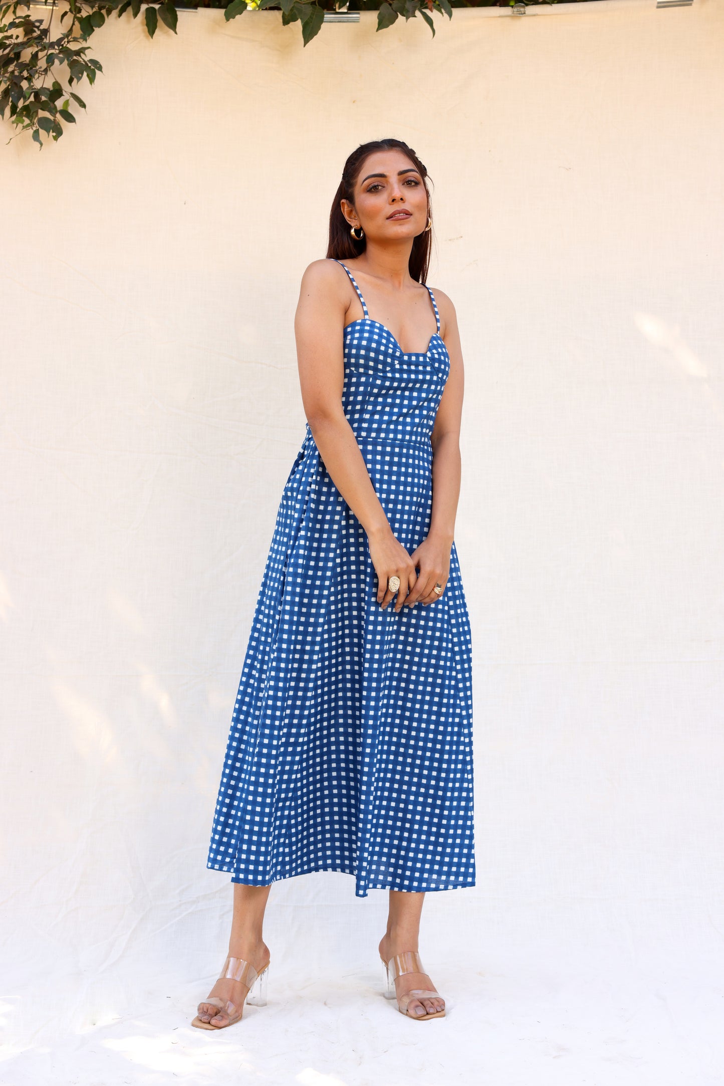 Blue checkerred strappy maxi dress