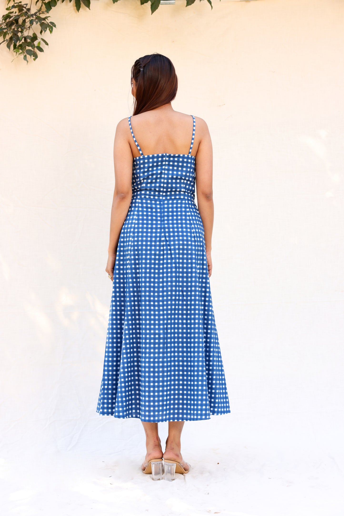 Blue checkerred strappy maxi dress